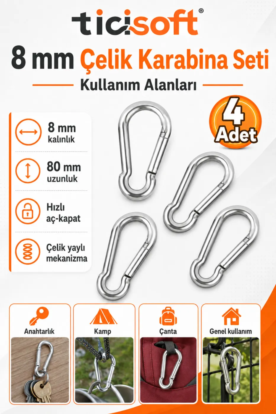 8 mm Çelik Yaylı Karabina Kanca 4 Adet 80 mm Klipsli Karabina Seti