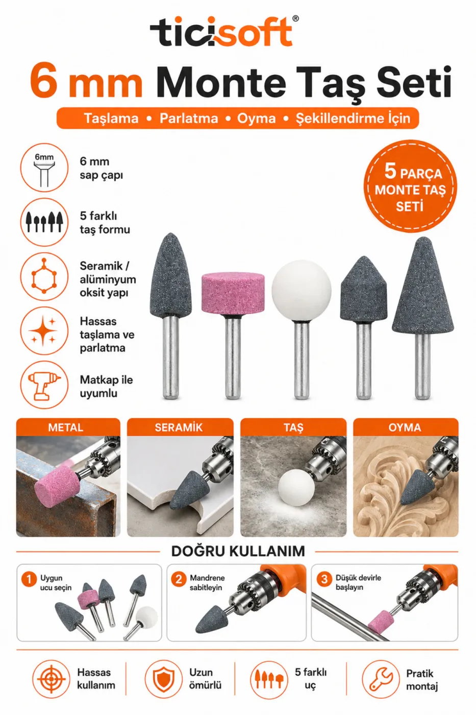 5 Parça 6 mm Saplı Monte Taş Seti Seramik Alüminyum Oksit Taşlama Parlatma Oyma Uçları