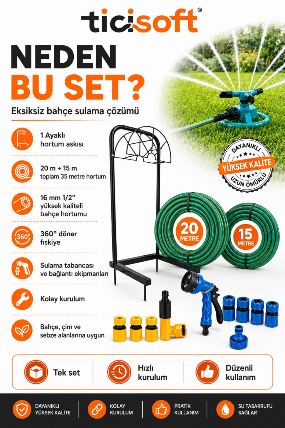 35 Metre Bahçe Sulama Seti 20 m + 15 m Hortum, Ayaklı Hortum Askısı, 360° Döner Fıskiye ve Sulama Tabancası