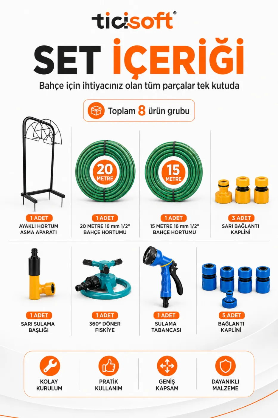 35 Metre Bahçe Sulama Seti 20 m + 15 m Hortum, Ayaklı Hortum Askısı, 360° Döner Fıskiye ve Sulama Tabancası