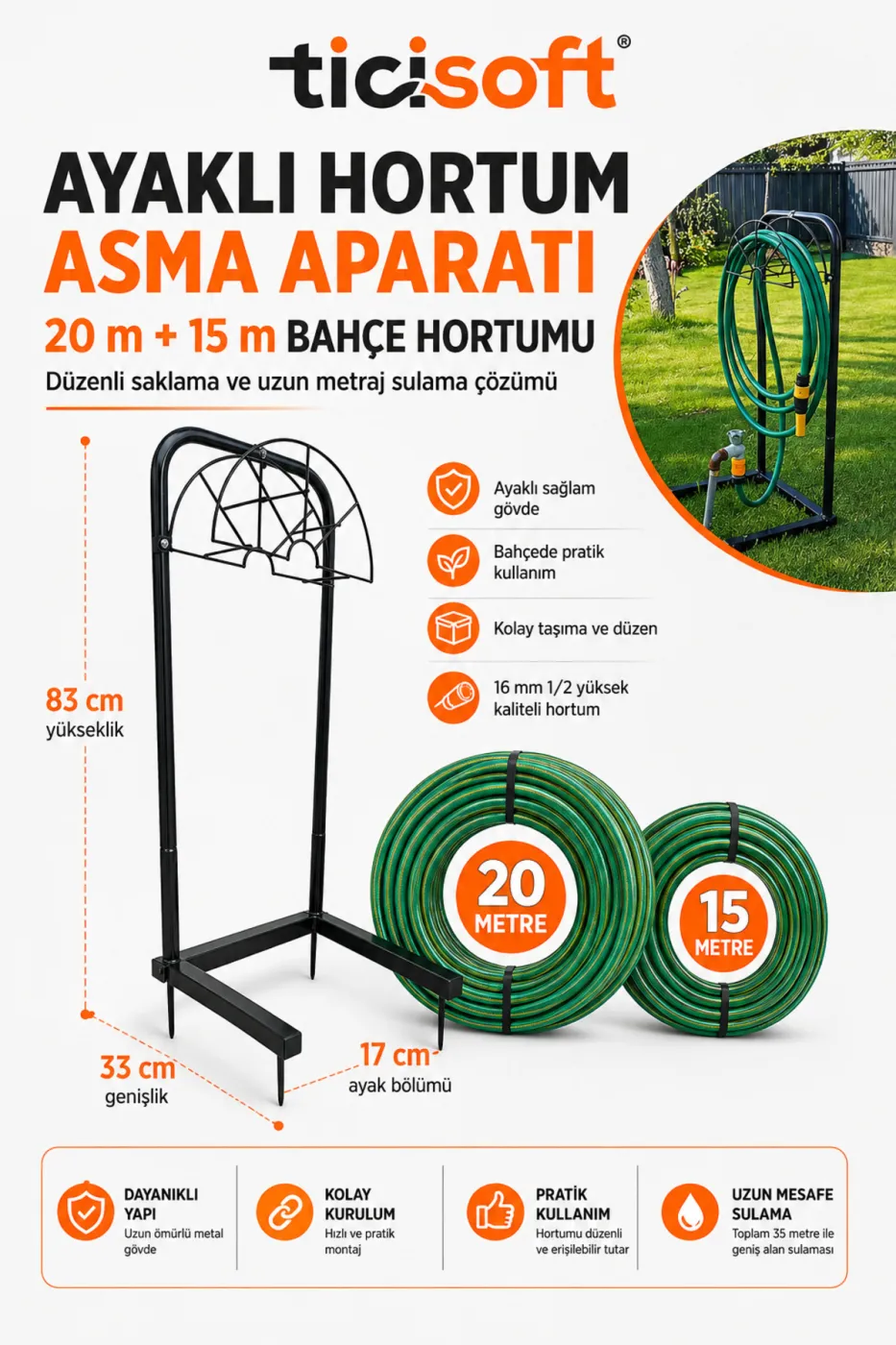 35 Metre Bahçe Sulama Seti 20 m + 15 m Hortum, Ayaklı Hortum Askısı, 360° Döner Fıskiye ve Sulama Tabancası