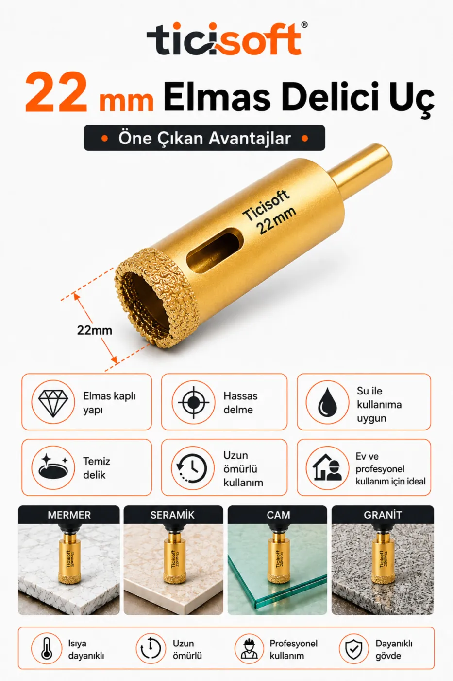 22 mm Elmas Delici Uç Mermer Seramik Cam Granit Panç Matkap Ucu