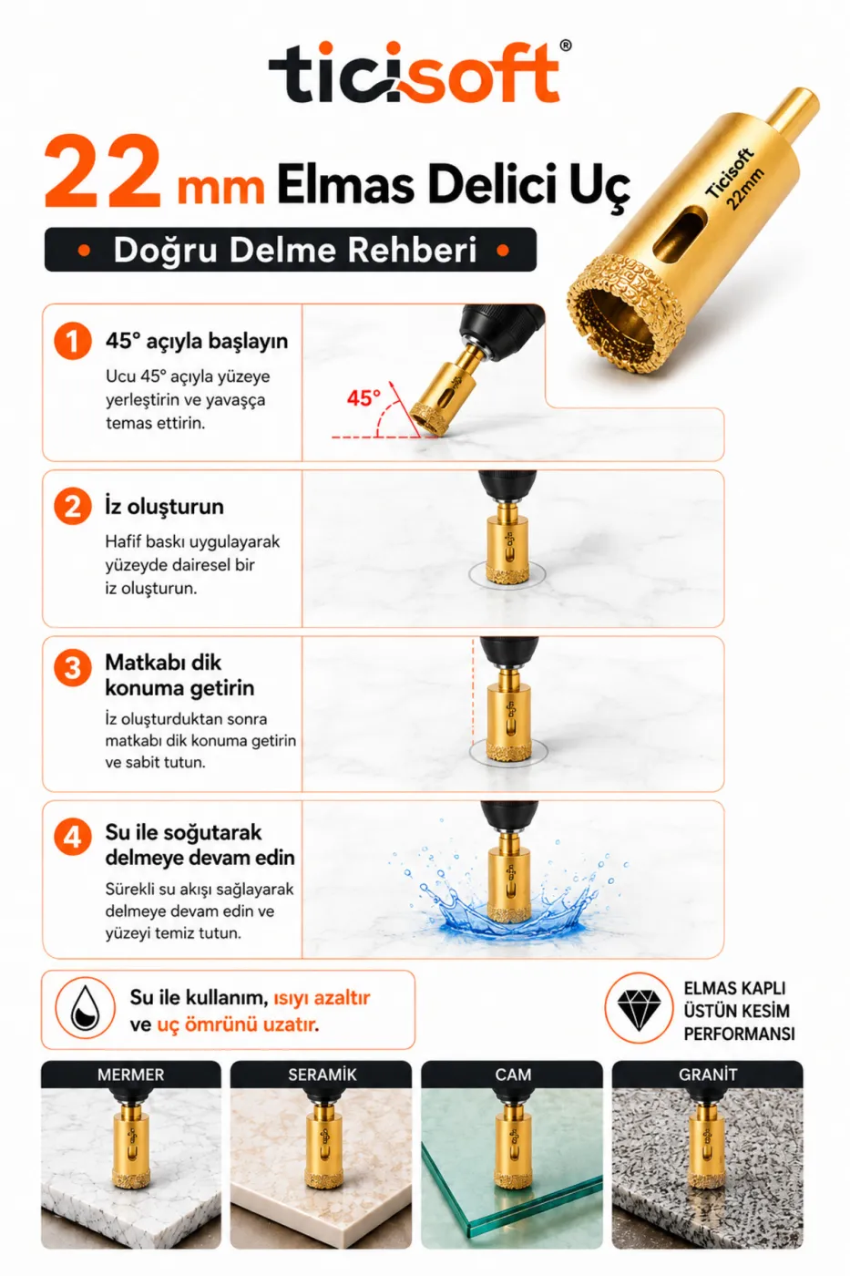 22 mm Elmas Delici Uç Mermer Seramik Cam Granit Panç Matkap Ucu