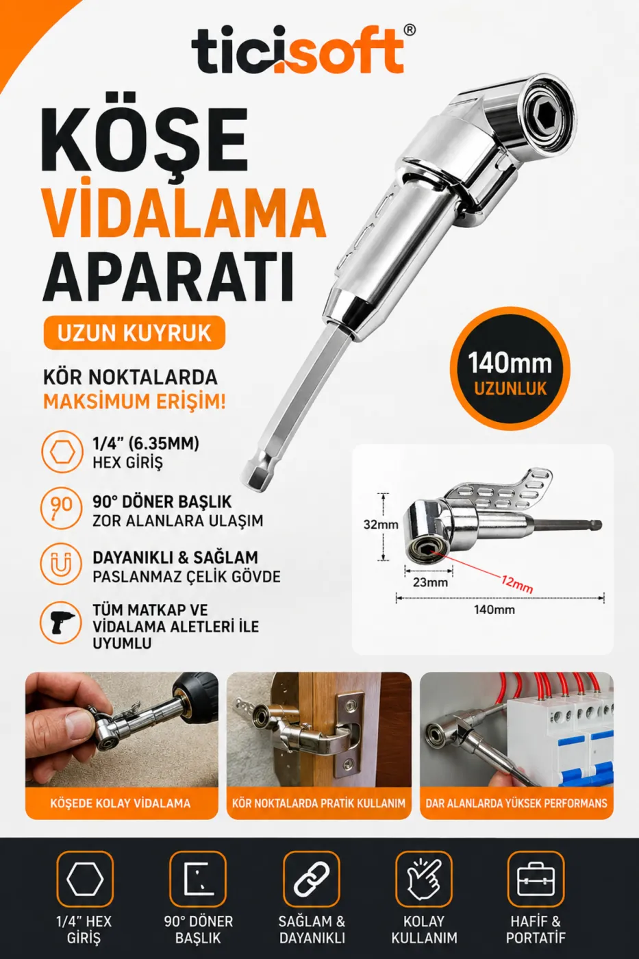 Köşe Vidalama Aparatı 1/4 İnç 6.35 mm Hex 90 Derece Açılı Matkap Adaptörü Uzun Kuyruk 140 mm