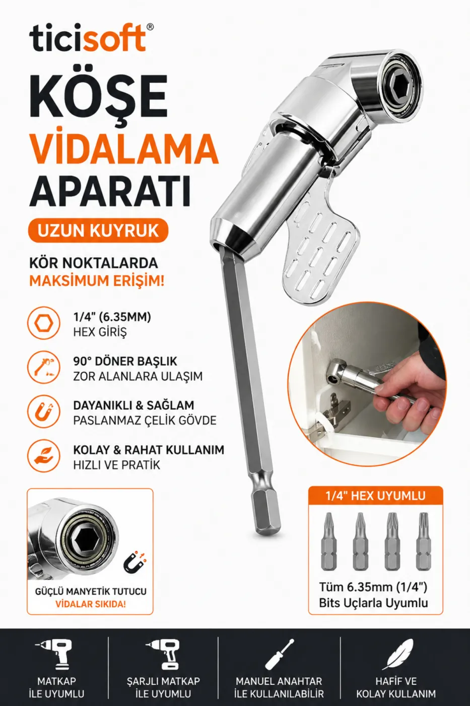 Köşe Vidalama Aparatı 1/4 İnç 6.35 mm Hex 90 Derece Açılı Matkap Adaptörü Uzun Kuyruk 140 mm