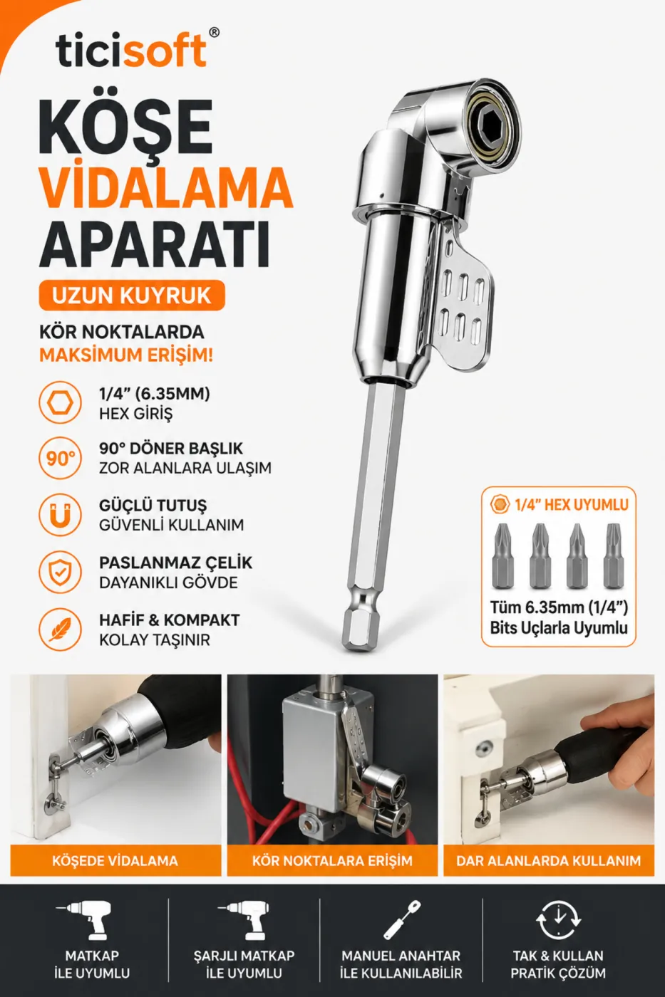 Köşe Vidalama Aparatı 1/4 İnç 6.35 mm Hex 90 Derece Açılı Matkap Adaptörü Uzun Kuyruk 140 mm