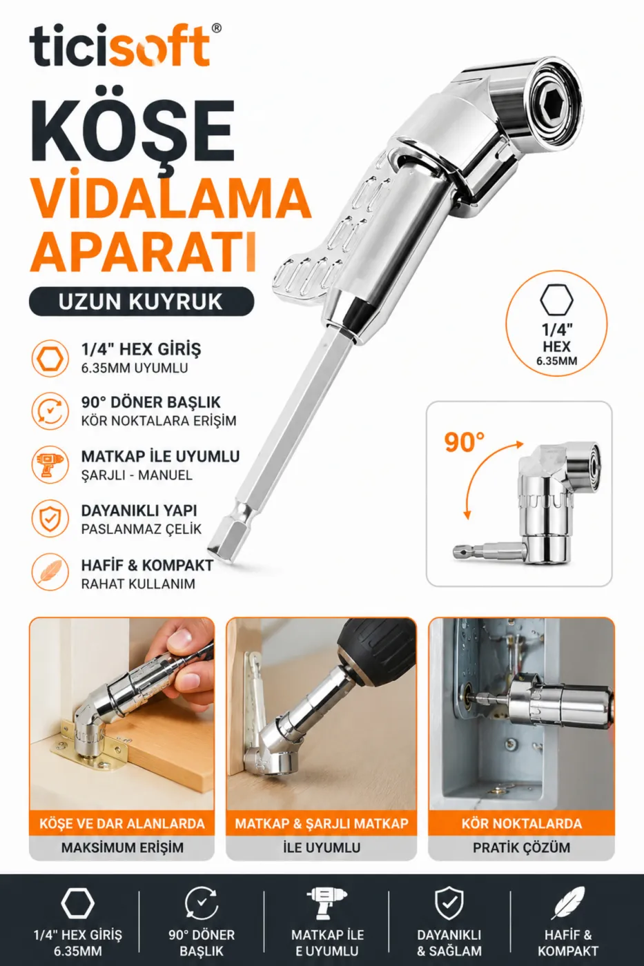 Köşe Vidalama Aparatı 1/4 İnç 6.35 mm Hex 90 Derece Açılı Matkap Adaptörü Uzun Kuyruk 140 mm