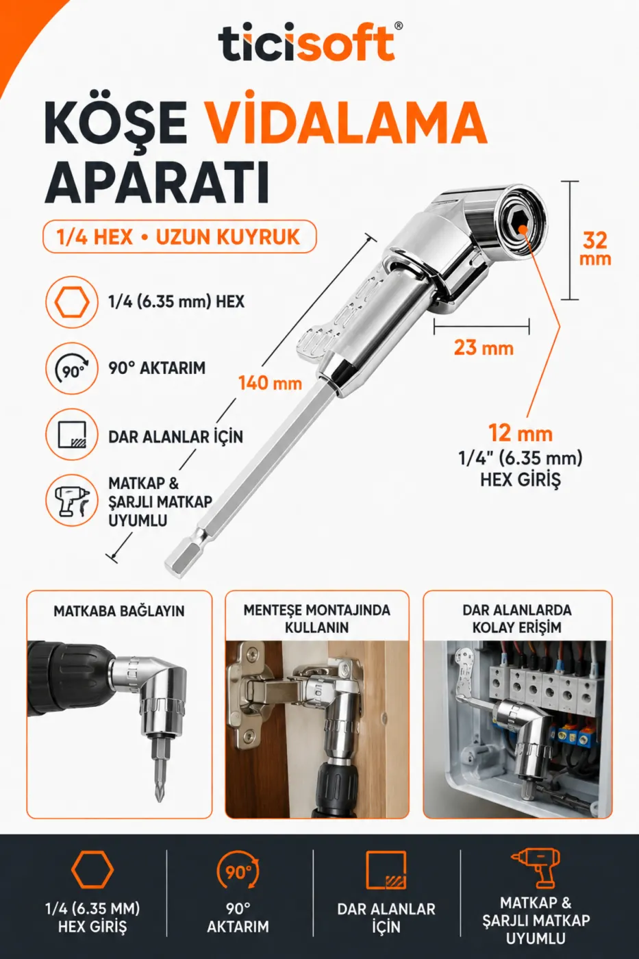 Köşe Vidalama Aparatı 1/4 İnç 6.35 mm Hex 90 Derece Açılı Matkap Adaptörü Uzun Kuyruk 140 mm