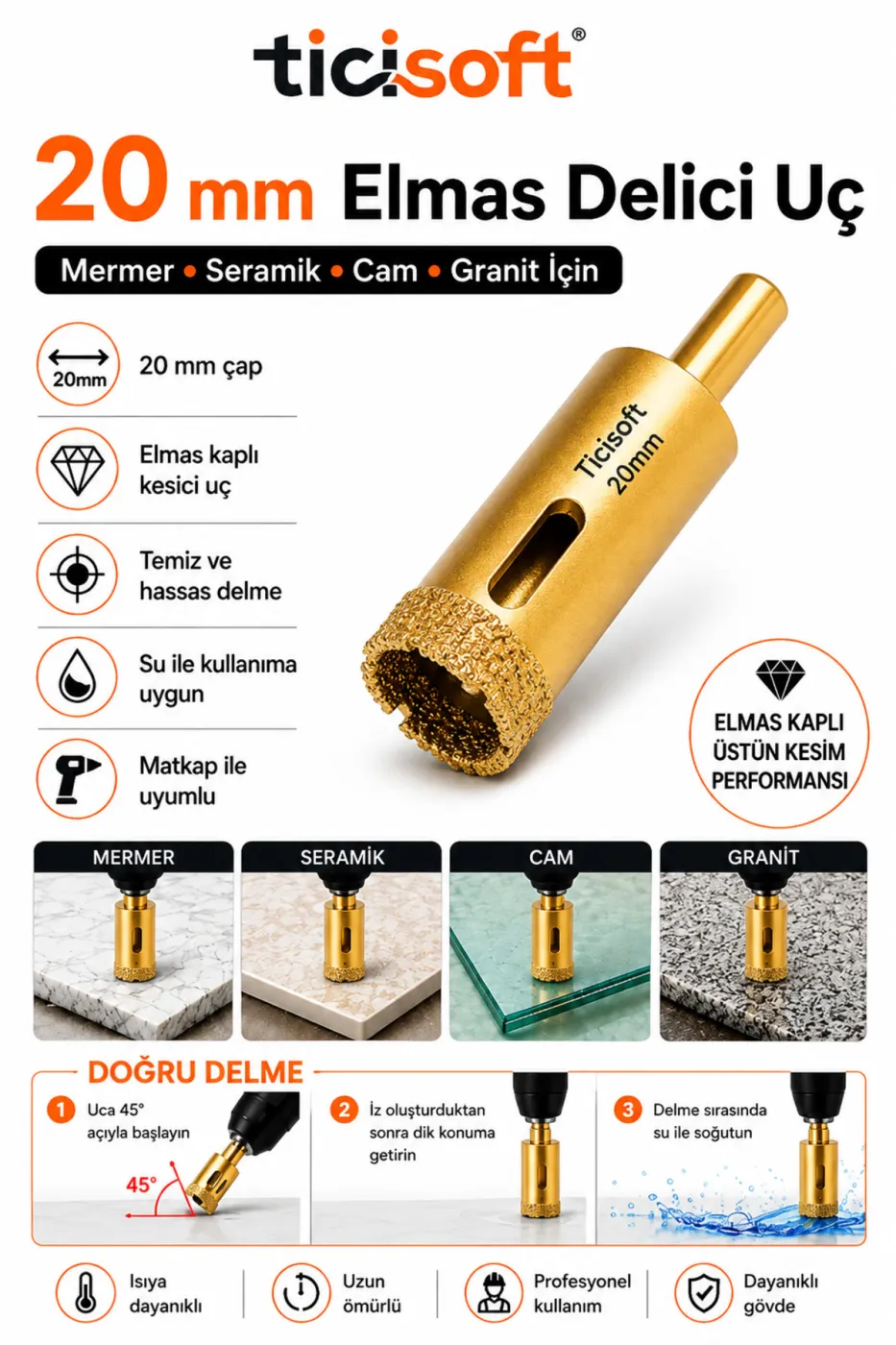 20 mm Elmas Delici Uç Mermer Seramik Cam Granit Panç Matkap Ucu