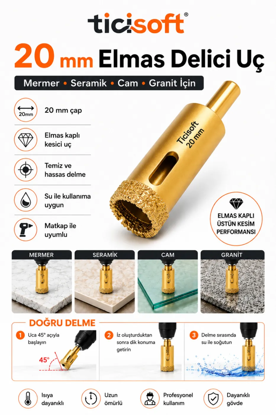 20 mm Elmas Delici Uç Mermer Seramik Cam Granit Panç Matkap Ucu