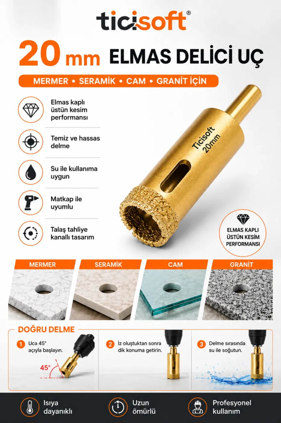 20 mm Elmas Delici Uç Mermer Seramik Cam Granit Panç Matkap Ucu