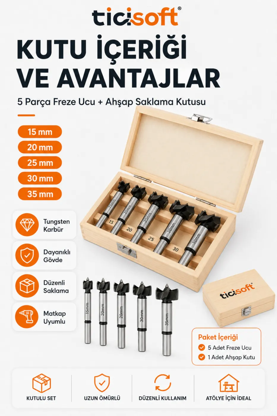 Tas Menteşe Freze Bıçağı Uç Seti 5 Parça 15 20 25 30 35 mm Ahşap Delme Panç Matkap Ucu