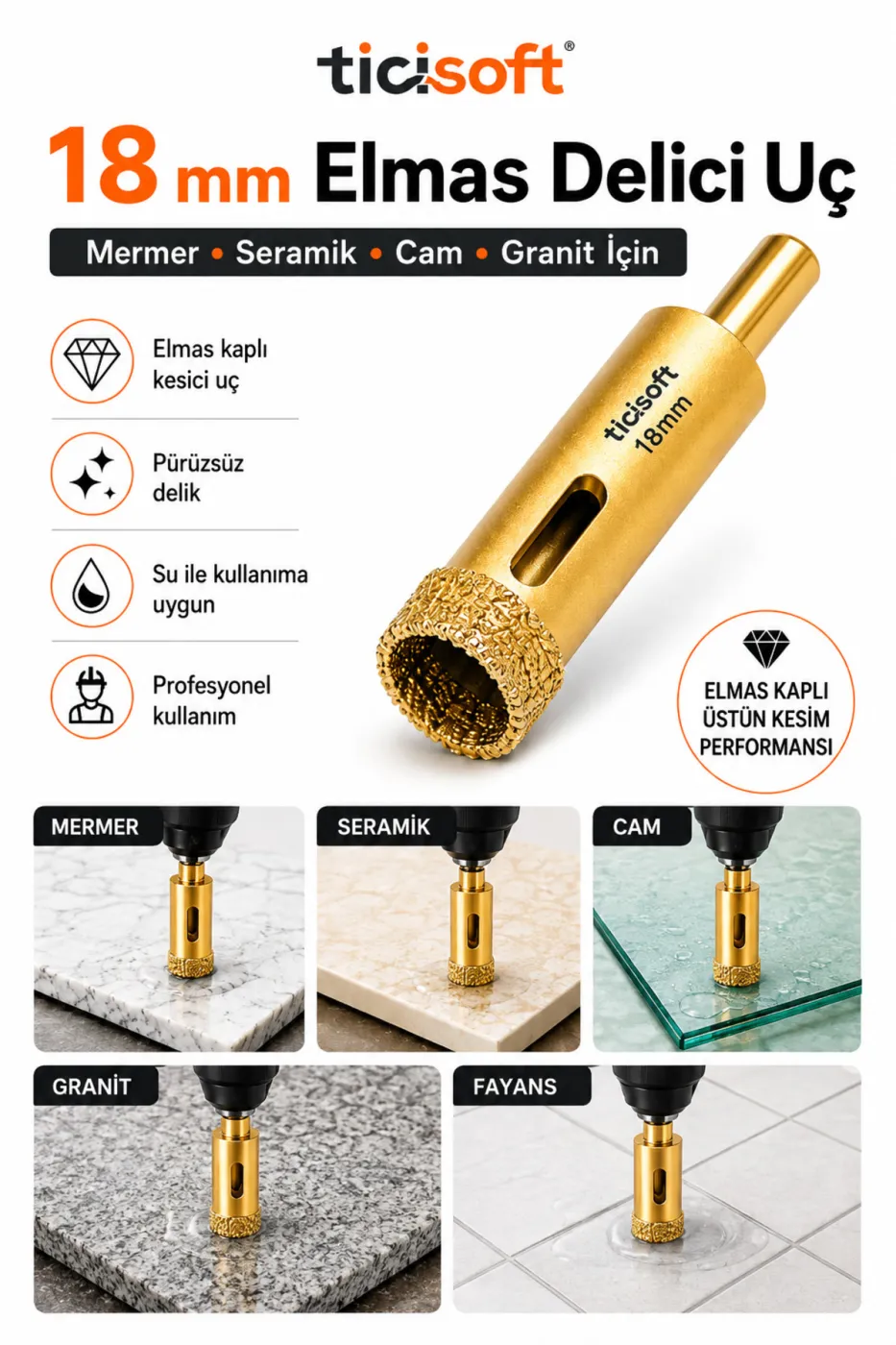 18 mm Elmas Delici Uç Mermer Seramik Cam Granit Panç Matkap Ucu