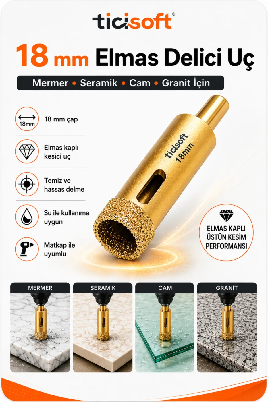 18 mm Elmas Delici Uç Mermer Seramik Cam Granit Panç Matkap Ucu