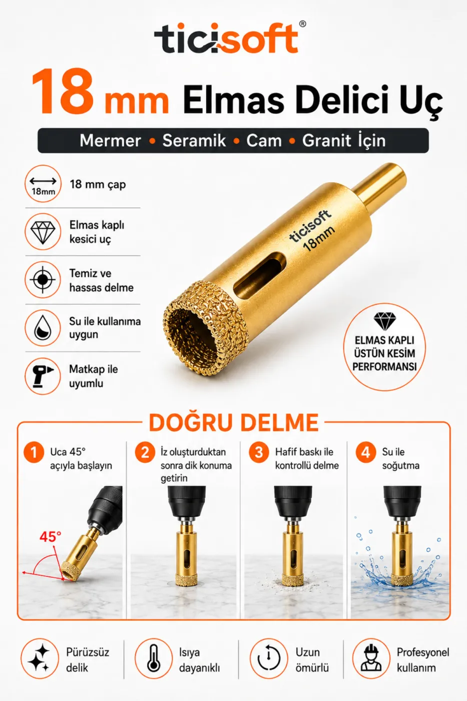 18 mm Elmas Delici Uç Mermer Seramik Cam Granit Panç Matkap Ucu