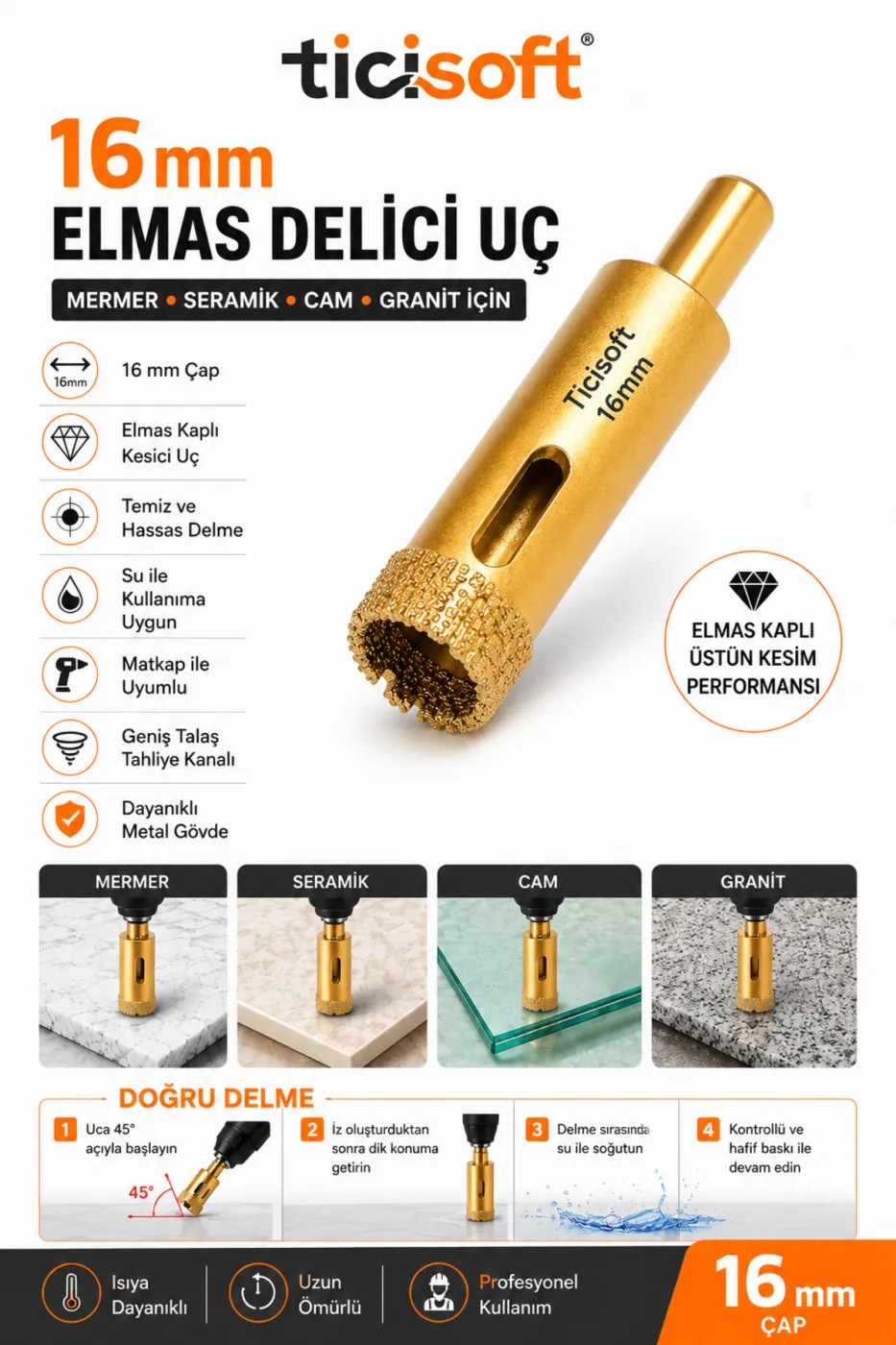 16 mm Elmas Delici Uç Mermer Seramik Cam Granit Panç Matkap Ucu