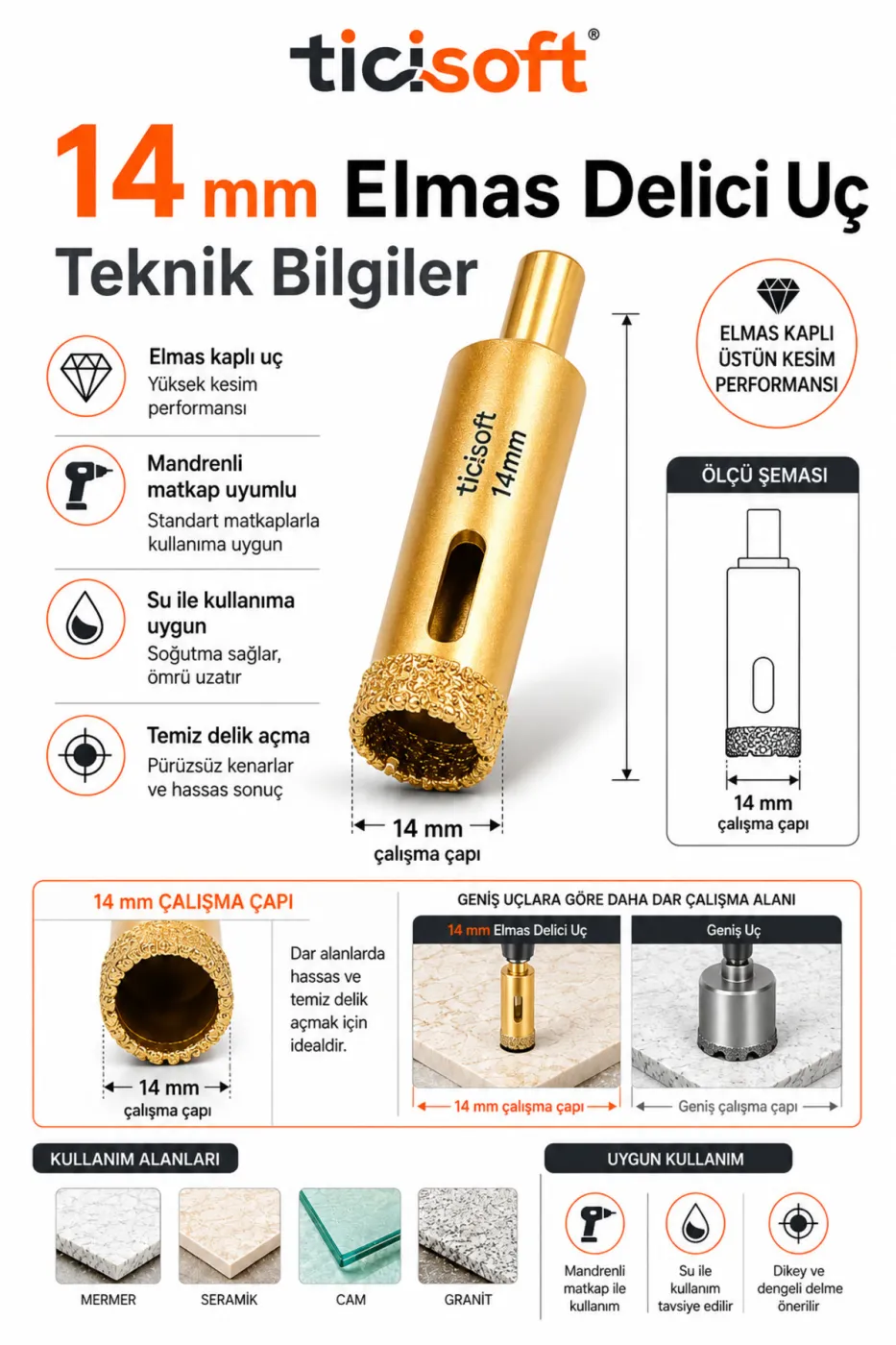14 mm Elmas Delici Uç Mermer Seramik Cam Granit Panç Matkap Ucu