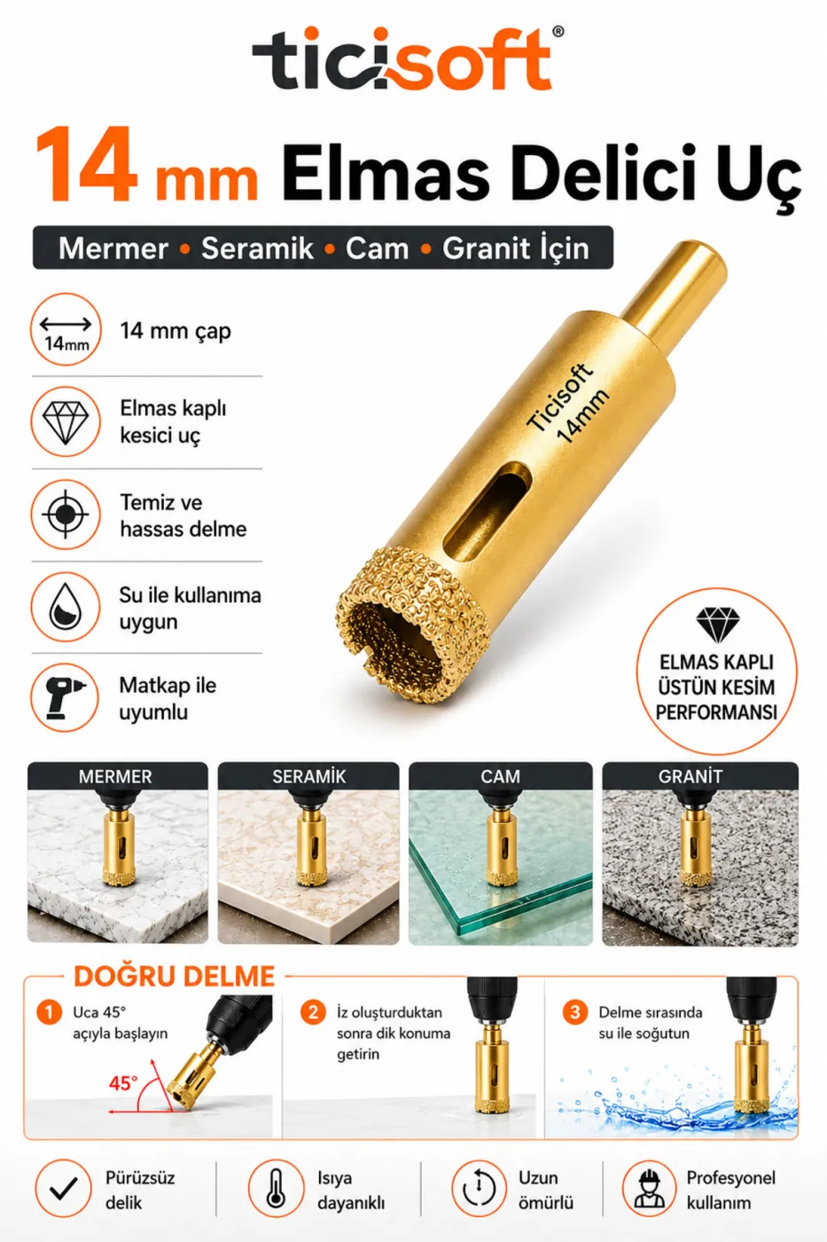 14 mm Elmas Delici Uç Mermer Seramik Cam Granit Panç Matkap Ucu