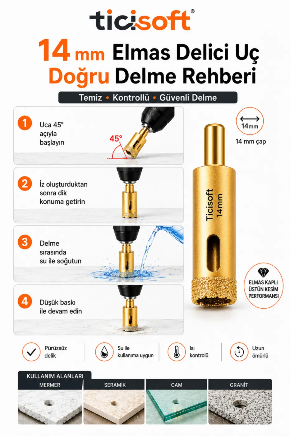 14 mm Elmas Delici Uç Mermer Seramik Cam Granit Panç Matkap Ucu