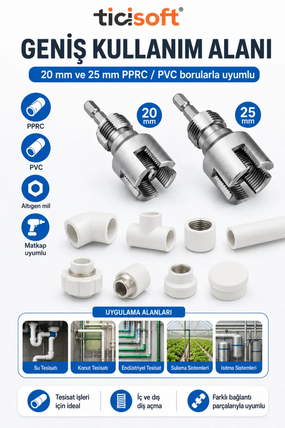 PPRC PVC Boru İç Dış Diş Açma Aparatı Seti 20 mm 25 mm Matkap Uyumlu Pafta Seti