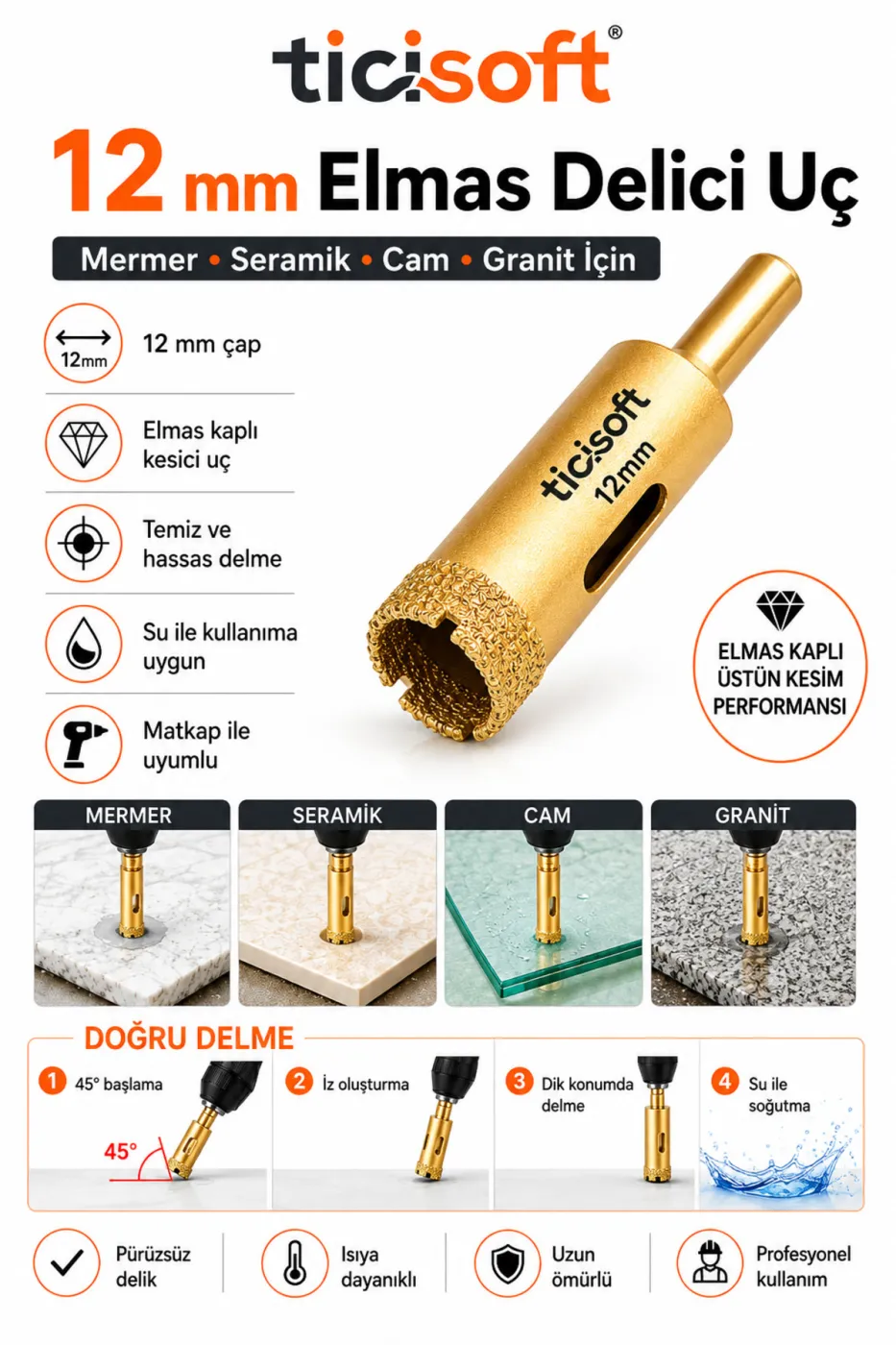 12 mm Elmas Delici Uç Mermer Seramik Cam Granit Panç Matkap Ucu