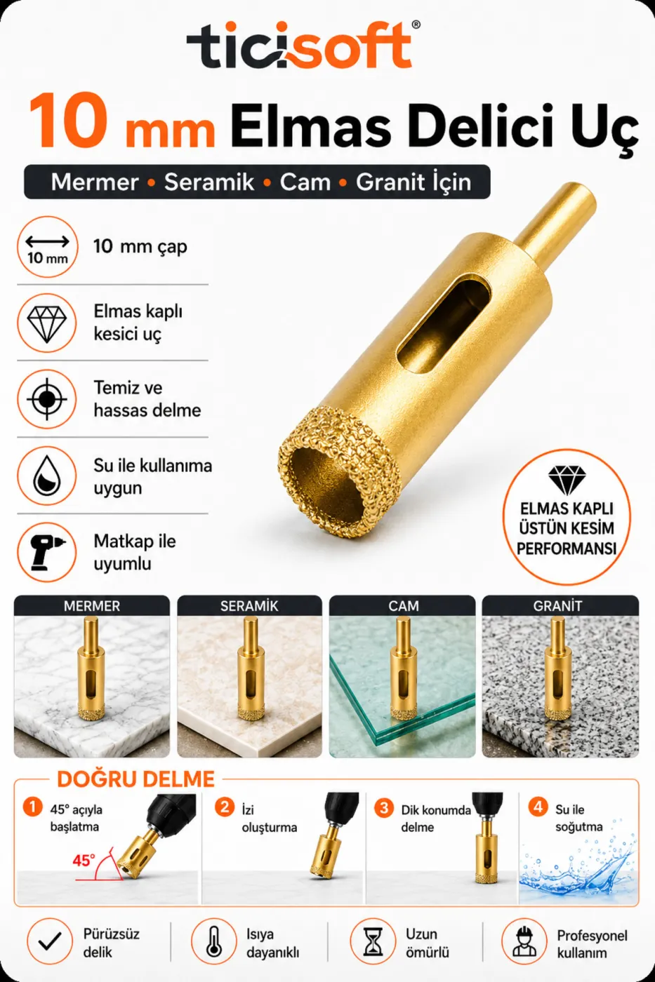 10 mm Elmas Delici Uç Mermer Seramik Cam Granit Panç Matkap Ucu