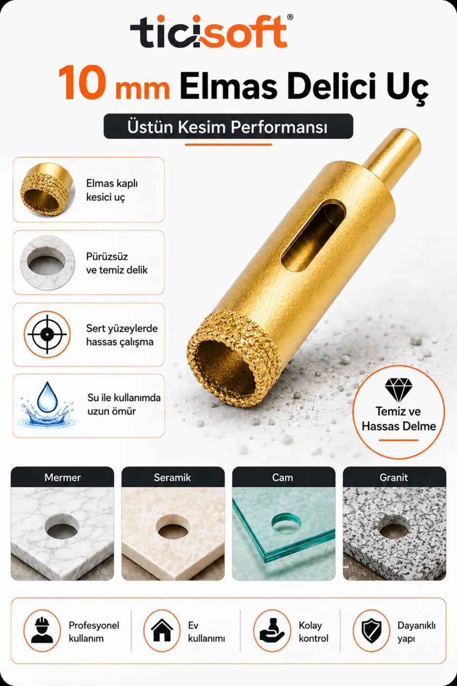 10 mm Elmas Delici Uç Mermer Seramik Cam Granit Panç Matkap Ucu