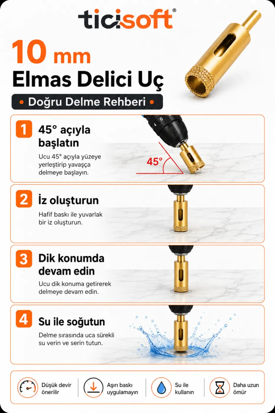 10 mm Elmas Delici Uç Mermer Seramik Cam Granit Panç Matkap Ucu