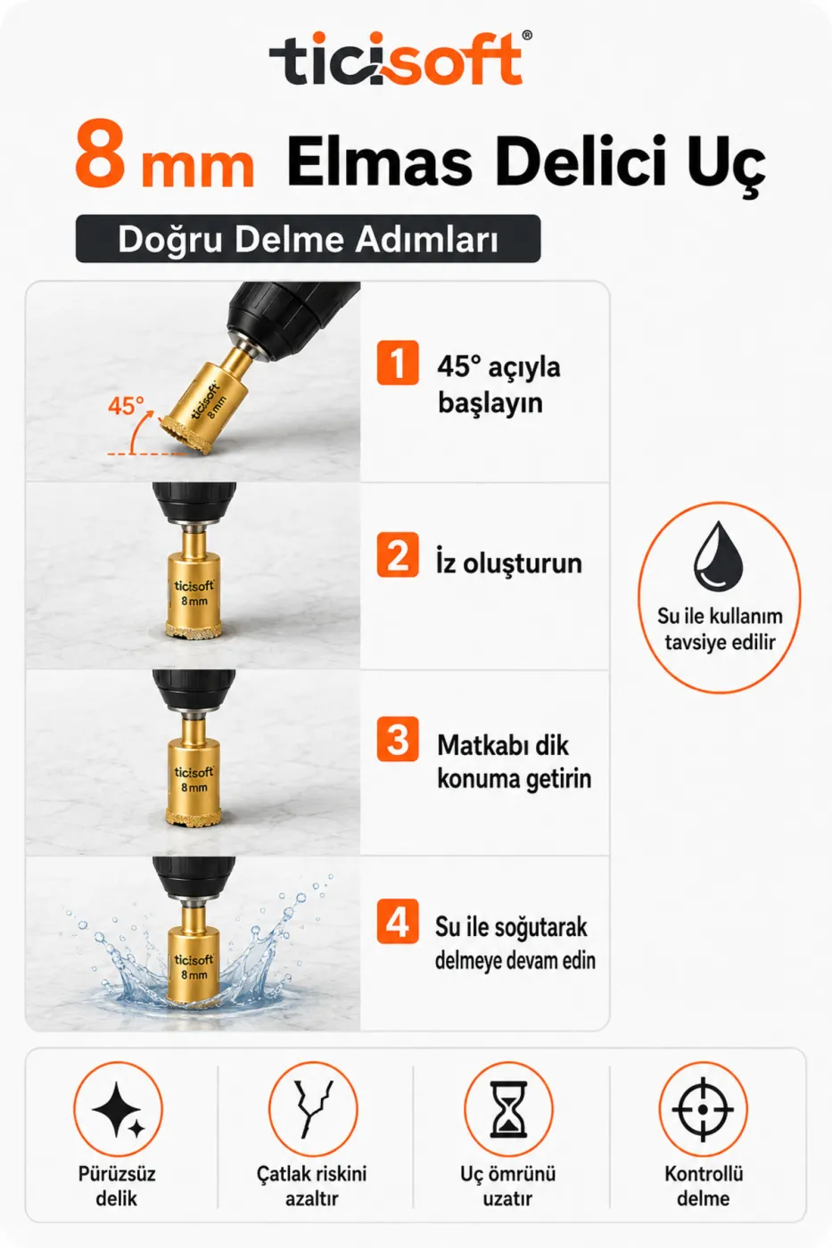 8 mm Elmas Delici Uç Mermer Seramik Cam Granit Panç Matkap Ucu