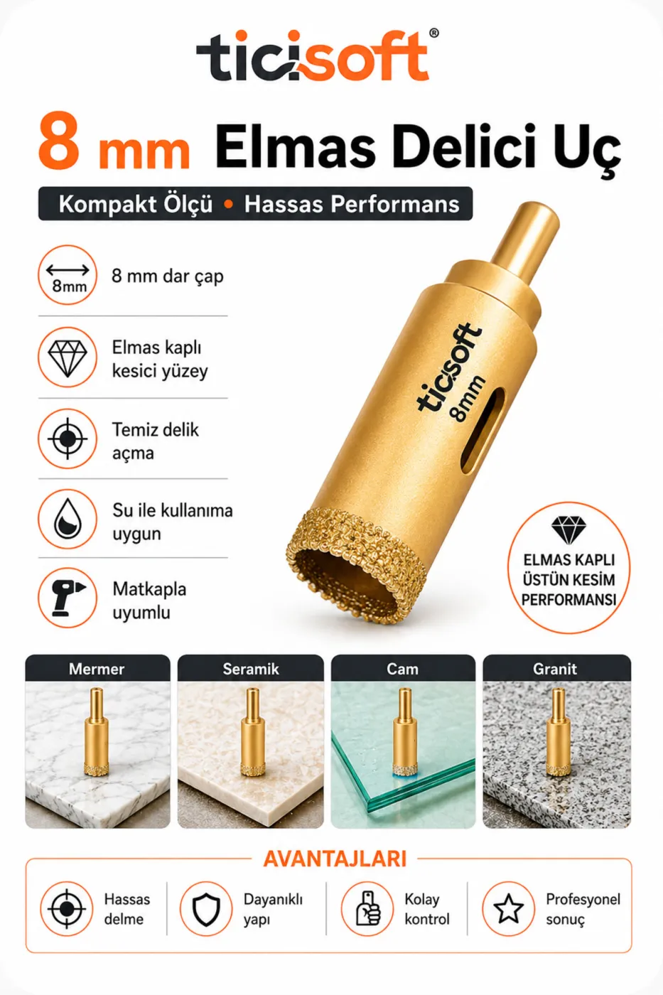 8 mm Elmas Delici Uç Mermer Seramik Cam Granit Panç Matkap Ucu
