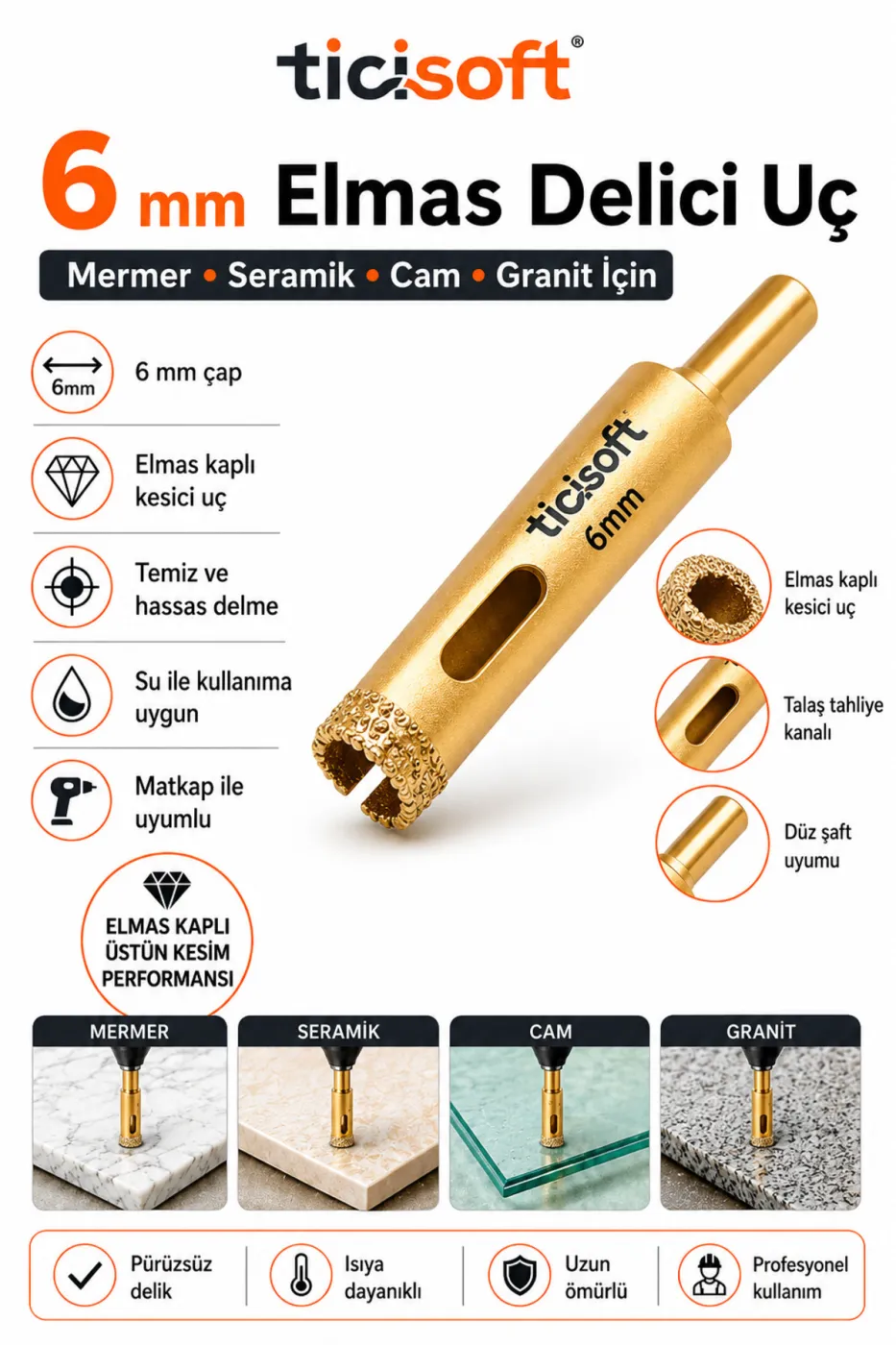 6 mm Elmas Delici Uç Mermer Seramik Cam Granit Panç Matkap Ucu