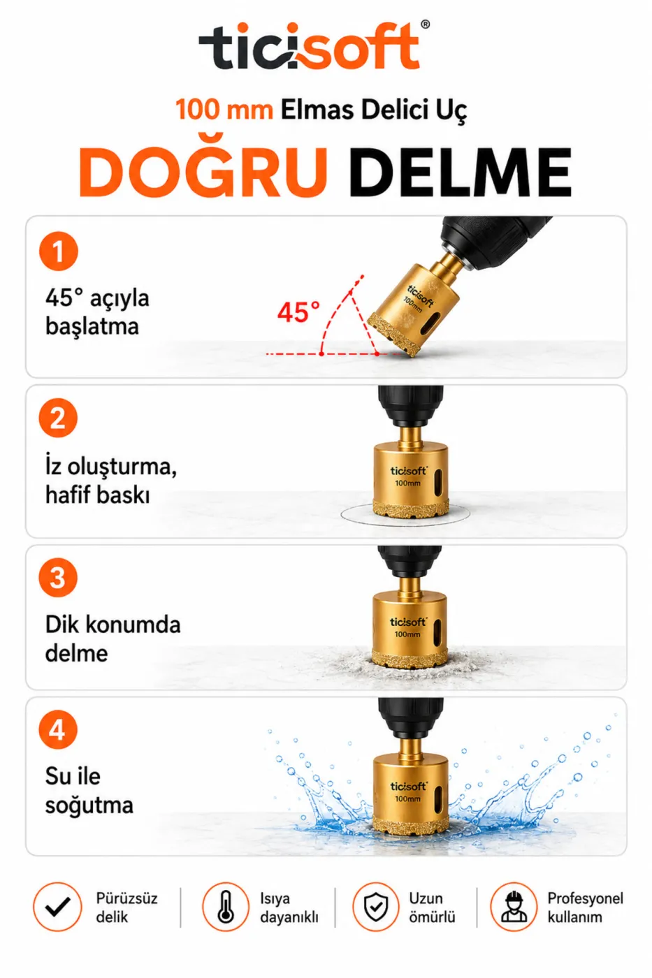 100 mm Elmas Delici Uç Mermer Seramik Cam Granit Panç Matkap Ucu