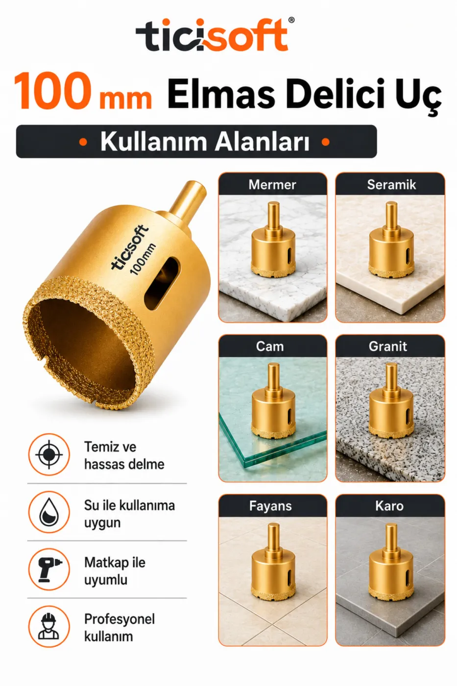 100 mm Elmas Delici Uç Mermer Seramik Cam Granit Panç Matkap Ucu