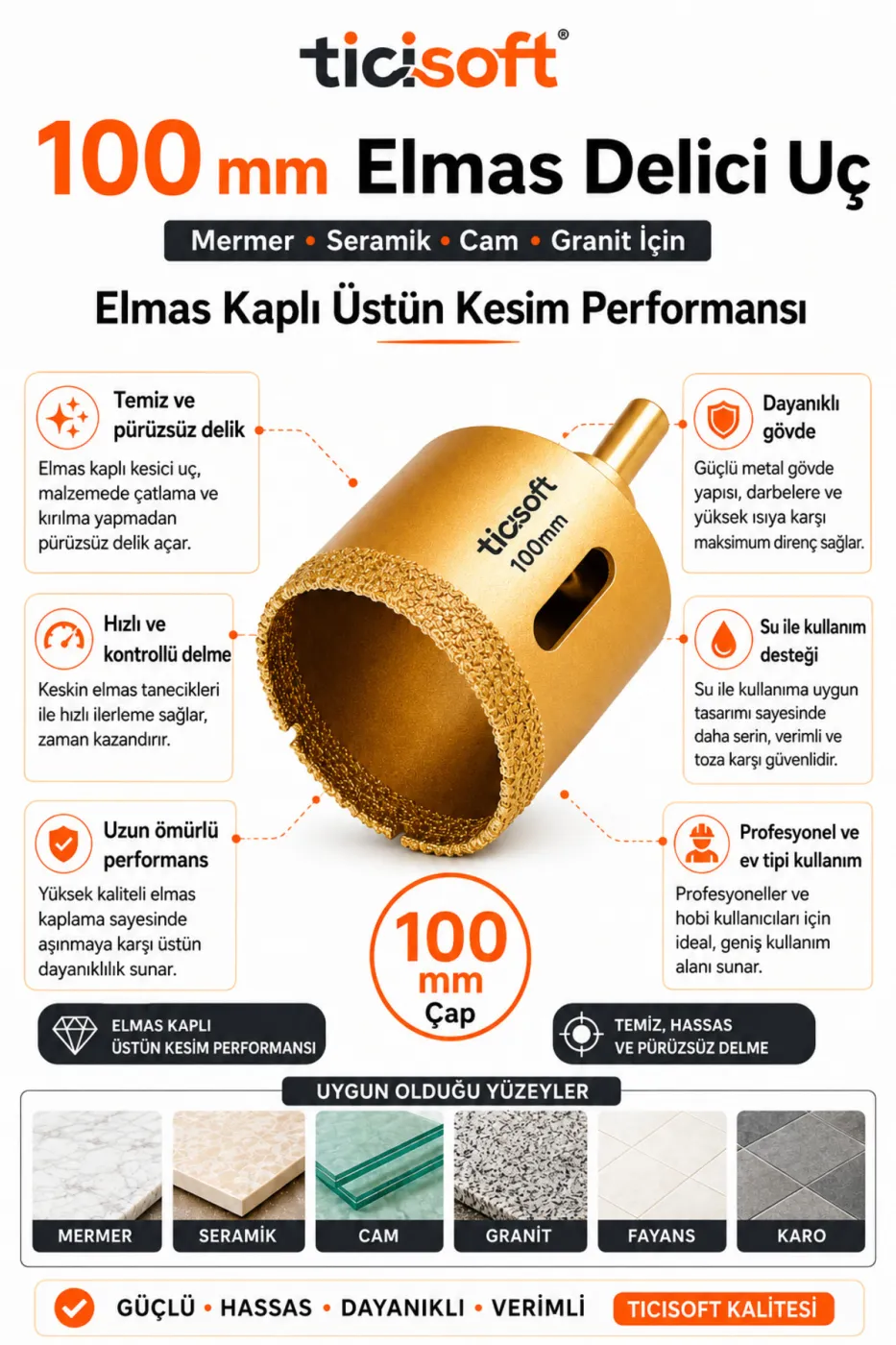 100 mm Elmas Delici Uç Mermer Seramik Cam Granit Panç Matkap Ucu