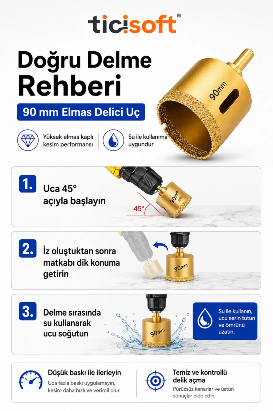 90 mm Elmas Delici Uç Mermer Seramik Cam Granit Panç Matkap Ucu