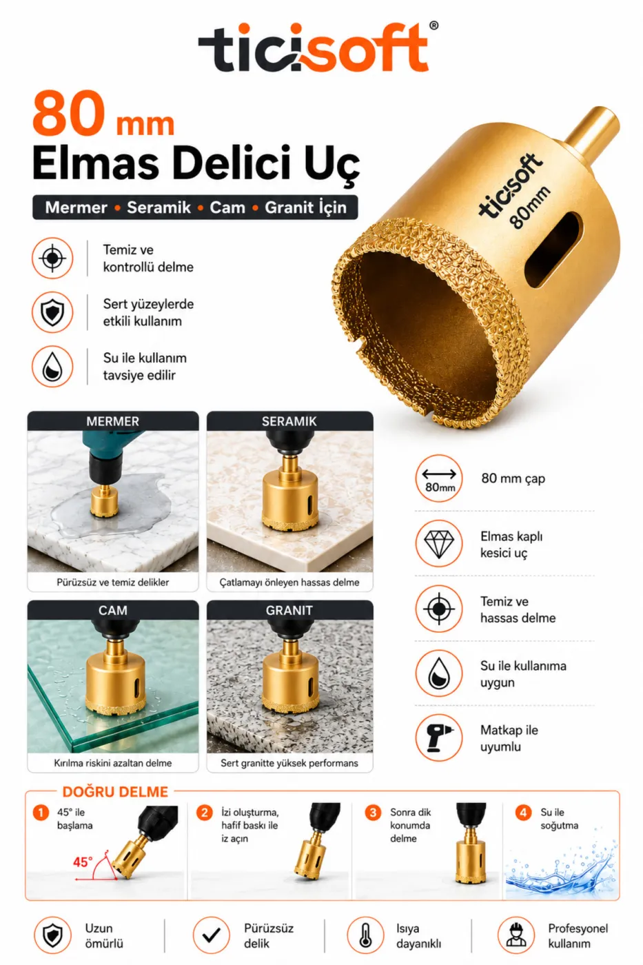 80 mm Elmas Delici Uç Mermer Seramik Cam Granit Panç Matkap Ucu