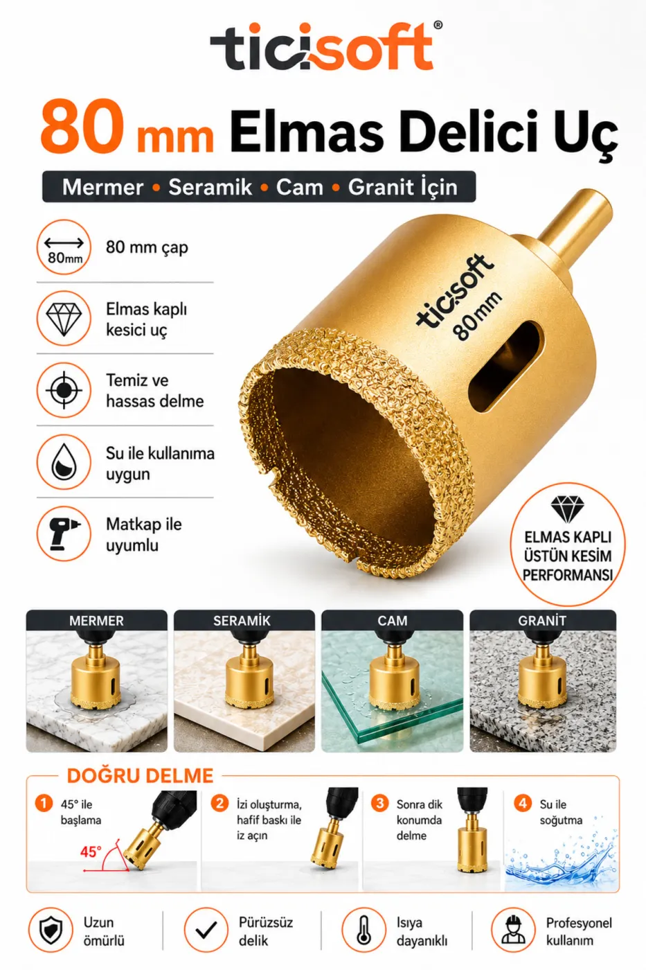 80 mm Elmas Delici Uç Mermer Seramik Cam Granit Panç Matkap Ucu