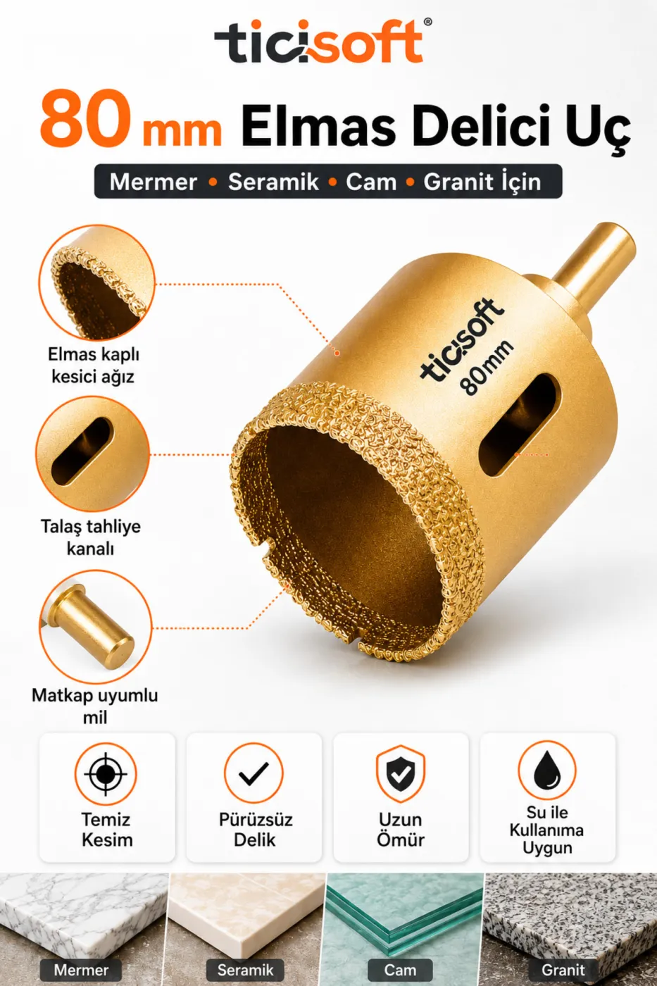 80 mm Elmas Delici Uç Mermer Seramik Cam Granit Panç Matkap Ucu