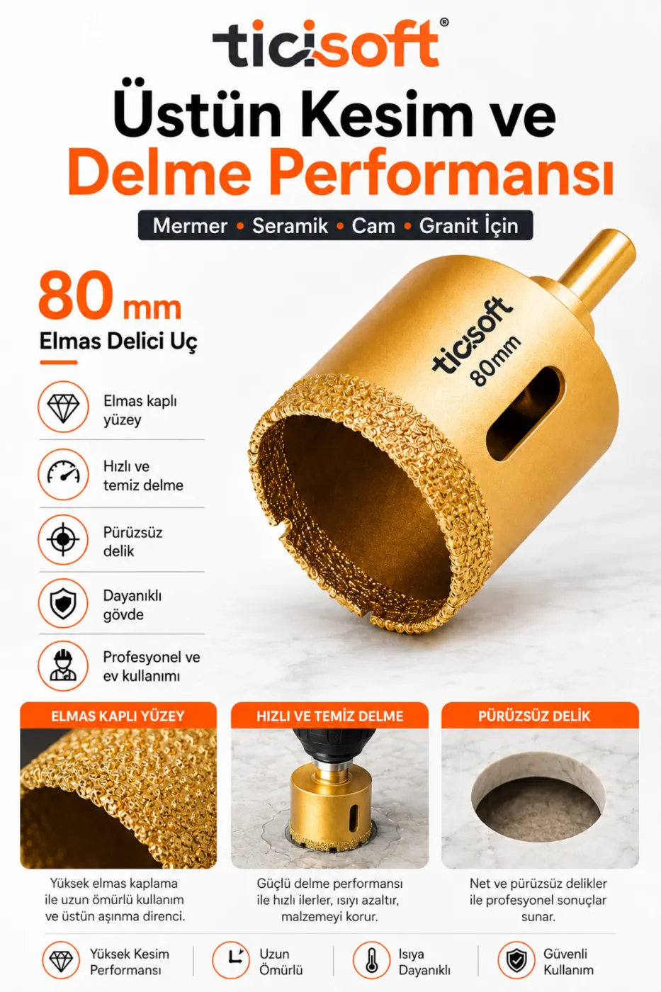 80 mm Elmas Delici Uç Mermer Seramik Cam Granit Panç Matkap Ucu