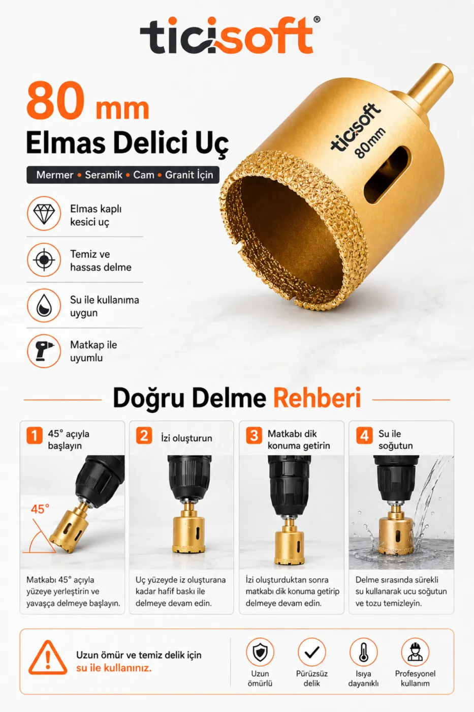 80 mm Elmas Delici Uç Mermer Seramik Cam Granit Panç Matkap Ucu