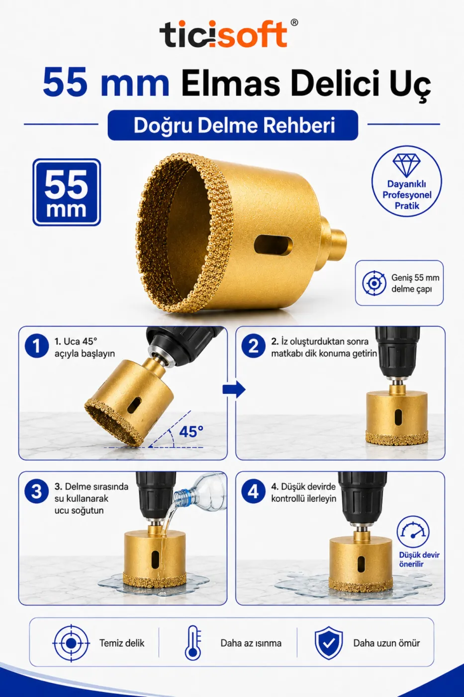 55 mm Elmas Delici Uç Mermer Seramik Cam Granit Panç Matkap Ucu