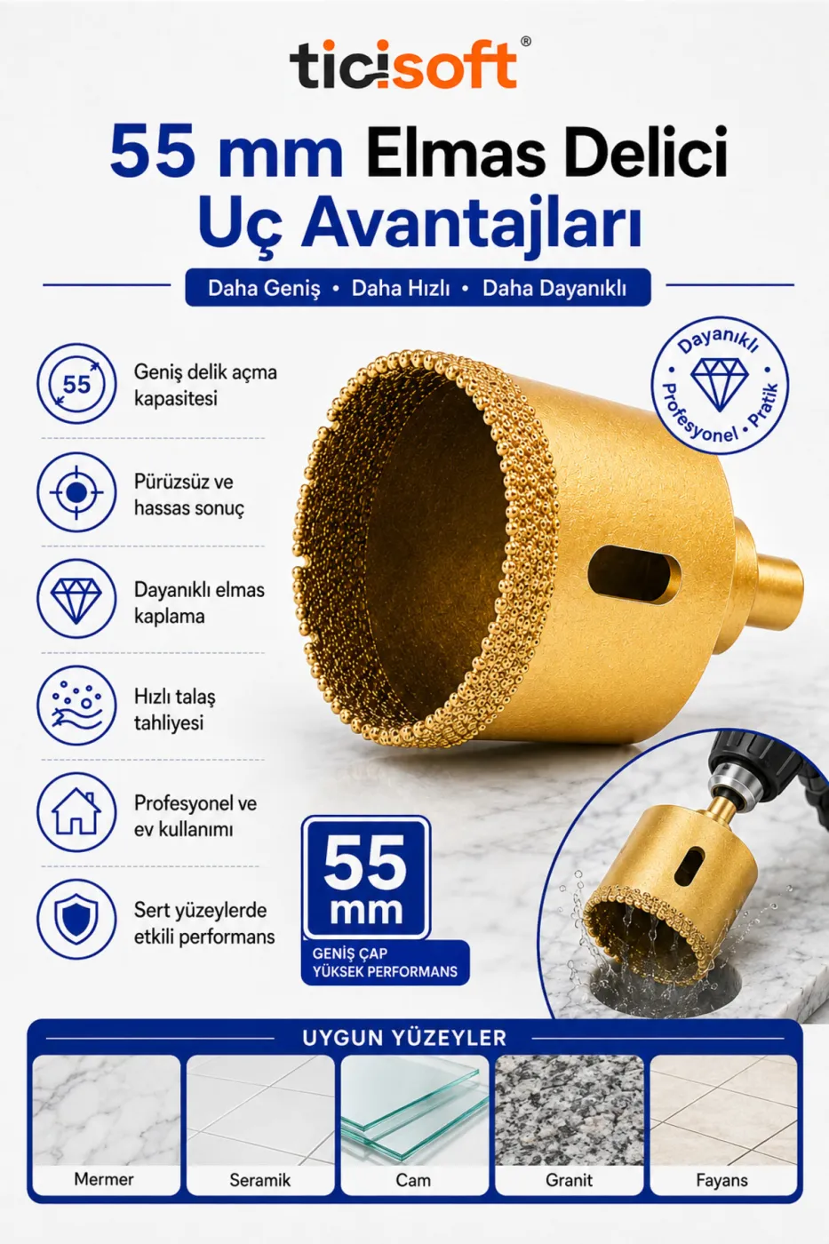 55 mm Elmas Delici Uç Mermer Seramik Cam Granit Panç Matkap Ucu
