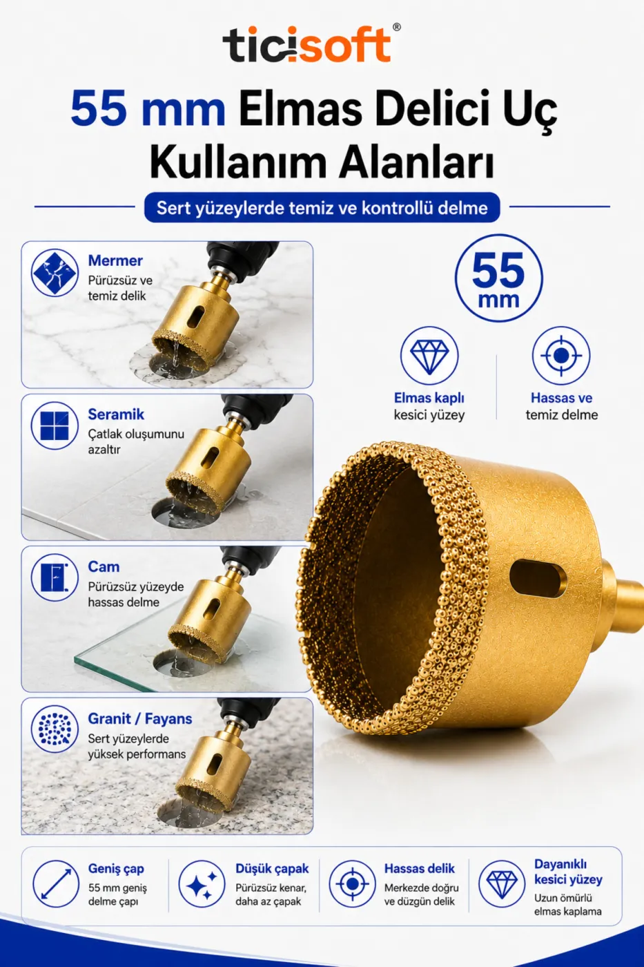 55 mm Elmas Delici Uç Mermer Seramik Cam Granit Panç Matkap Ucu
