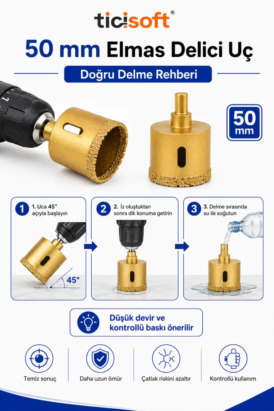 50 mm Elmas Delici Uç Mermer Seramik Cam Granit Panç Matkap Ucu