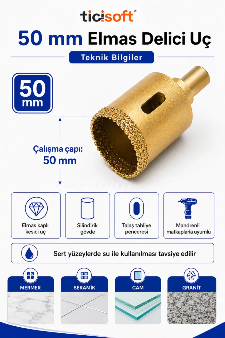 50 mm Elmas Delici Uç Mermer Seramik Cam Granit Panç Matkap Ucu