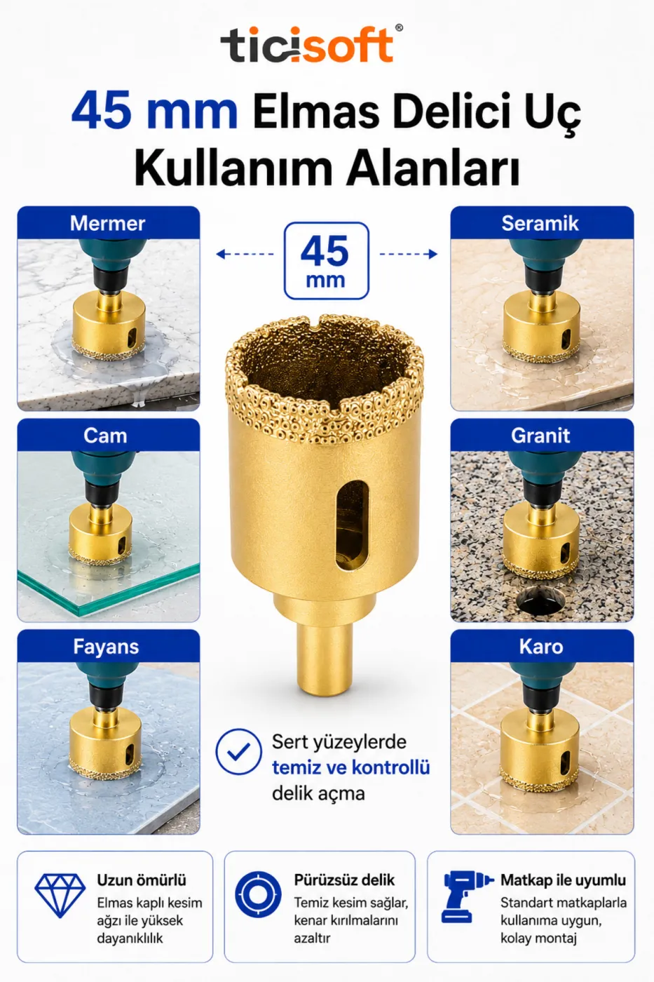 45 mm Elmas Delici Uç Mermer Seramik Cam Granit Panç Matkap Ucu