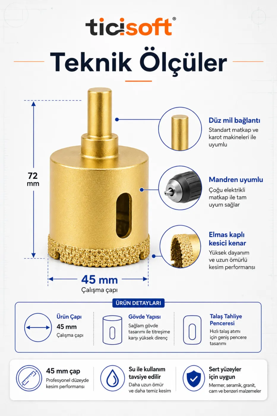 45 mm Elmas Delici Uç Mermer Seramik Cam Granit Panç Matkap Ucu