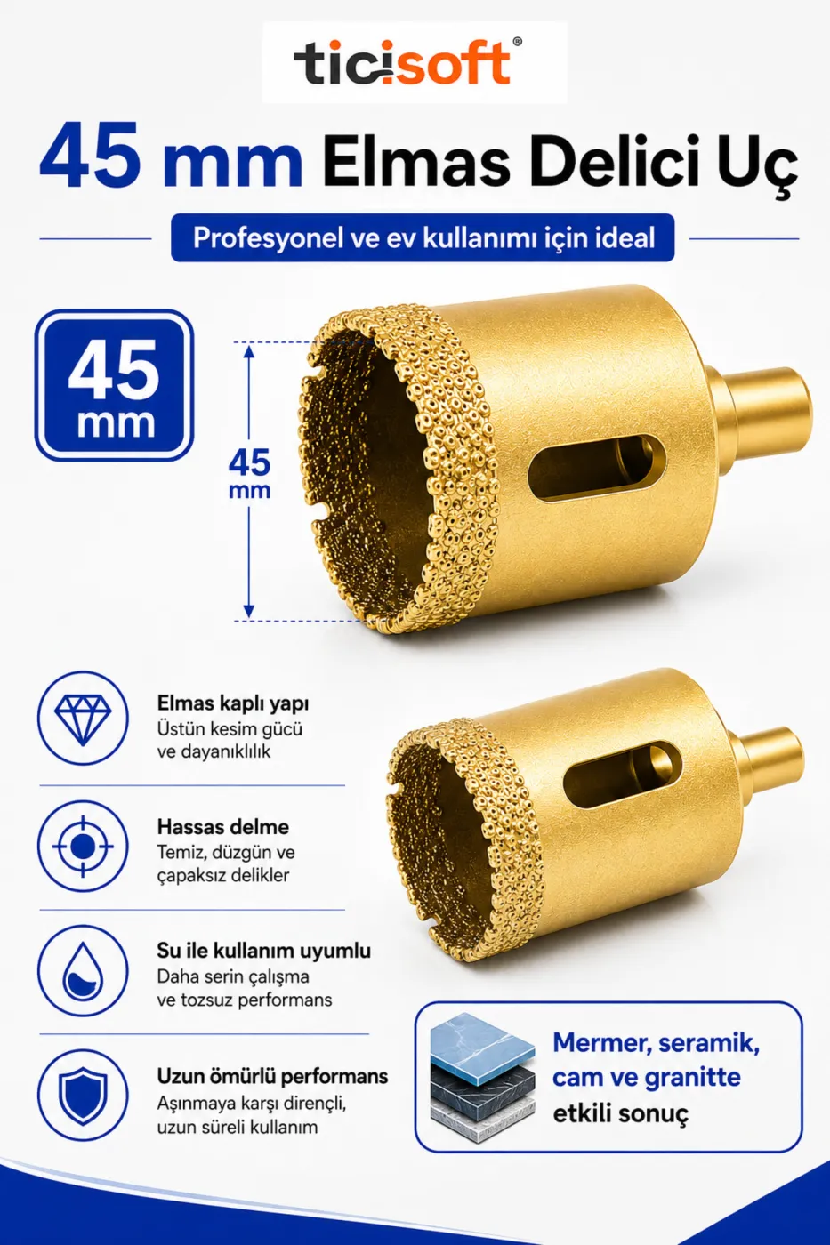 45 mm Elmas Delici Uç Mermer Seramik Cam Granit Panç Matkap Ucu