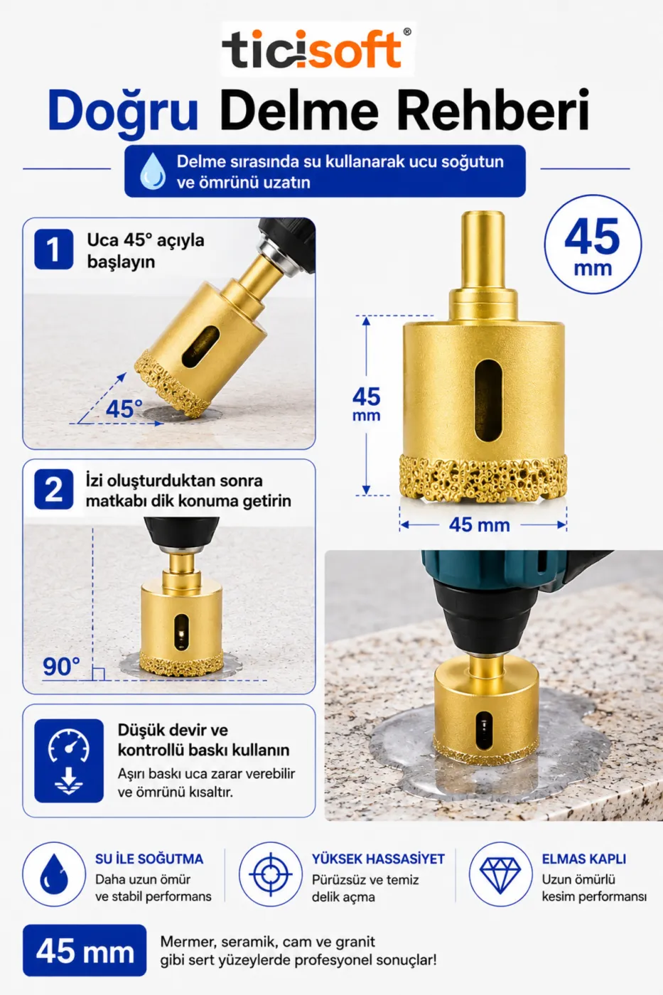 45 mm Elmas Delici Uç Mermer Seramik Cam Granit Panç Matkap Ucu