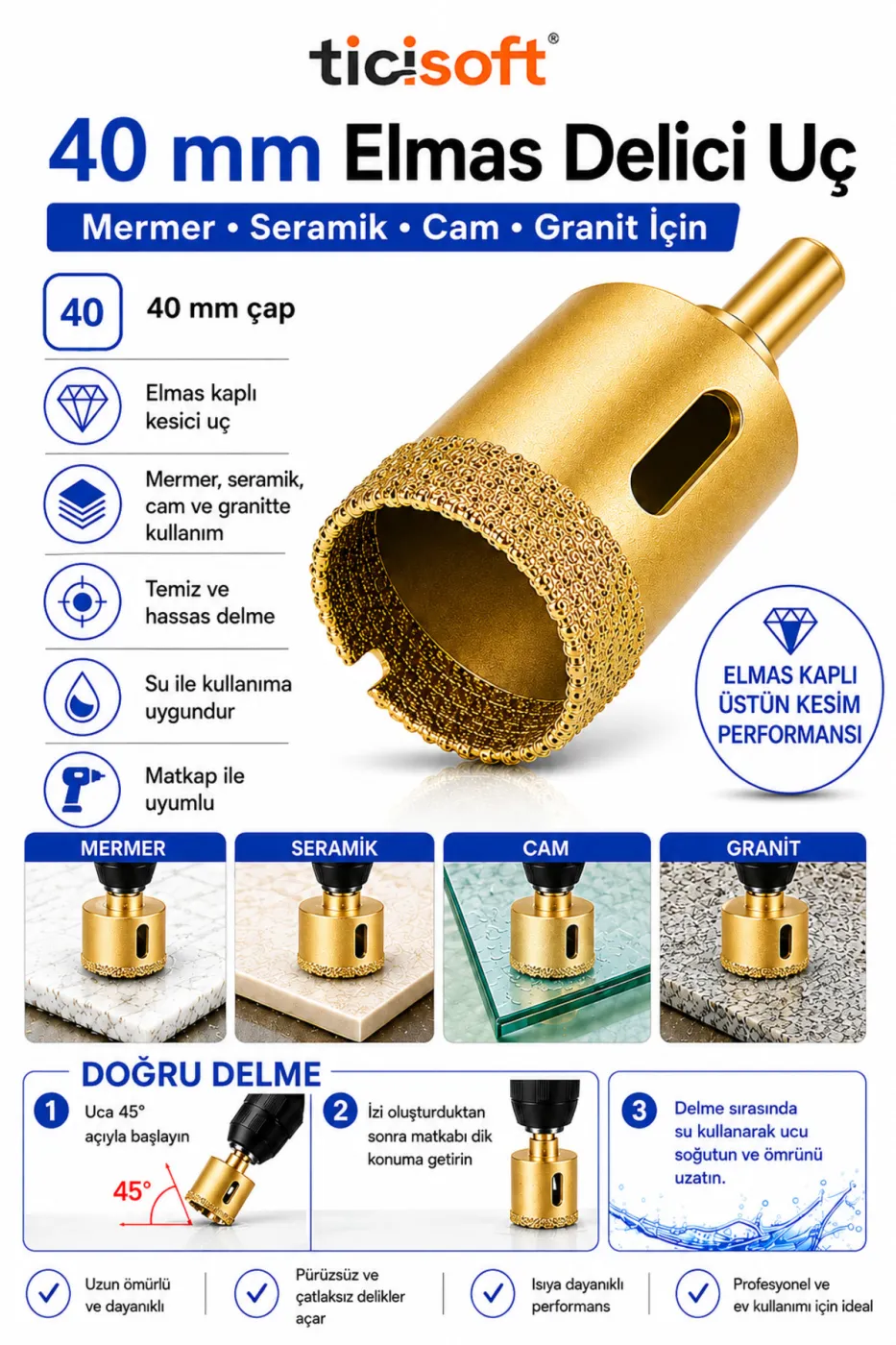 40 mm Elmas Delici Uç Mermer Seramik Cam Granit Panç Matkap Ucu